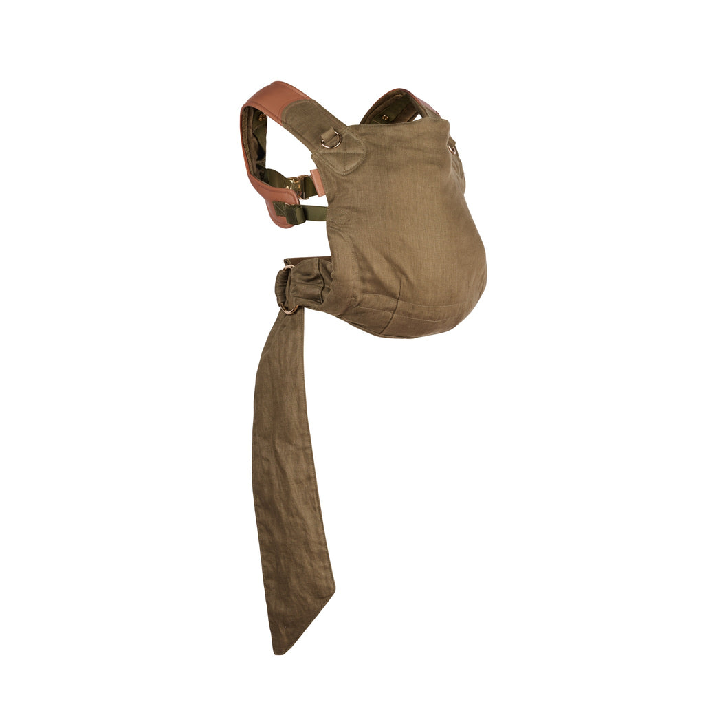 Mamatoto Nest baby carrier in olive linen — premium ergonomic newborn carrier for comfort and support.