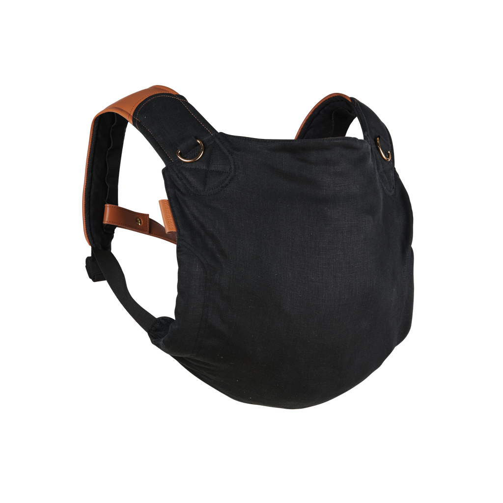 Mamatoto Nomad baby carrier in black linen with genuine leather finishes — ergonomic toddler carrier for everyday use.